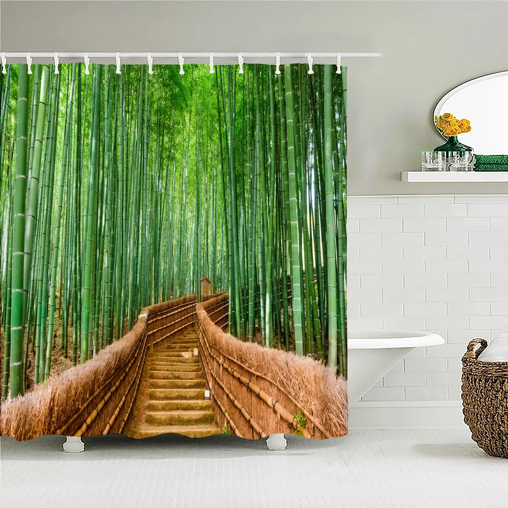 Modern 3D Printing Forest Shower Gardin Green Plant Tree Landscape Bath Curtain med krokar för badrumsvattentät landskap