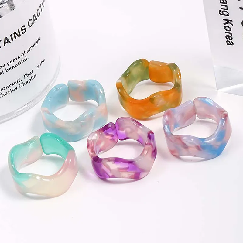 Colorful Transparent Resin Acrylic Crystal Rhinestone Simple Geometric Square Round Rings Set For Women Trendy Jewelries Звенеть