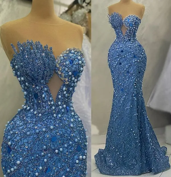 Aso Ebi 2024 Crystals de sirène Robe de bal à paillettes dentelle luxueuse soirée formelle Fête de réception Robes de fiançailles d'anniversaire Robe de Soberee ZJ581 ES