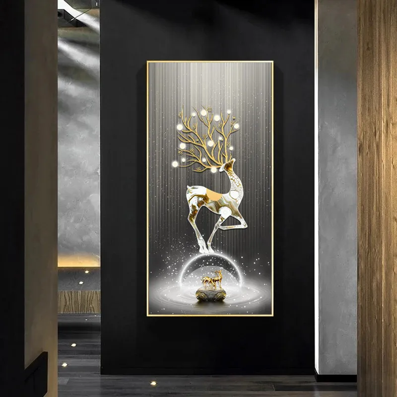 Nieuwe Chinese Fengshui Golden Deer Canvas schilderen Abstract Zen Stone Posters en prints Moderne Luxury Wall Art voor veranda Decor