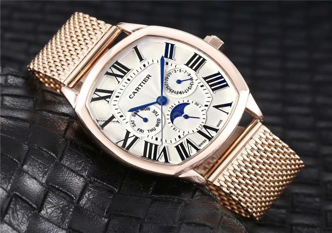 Fashion Gold Watch Men Heken Quartz polshorloge mannelijke klok Golden Quartz Pols Bekijk alle subdials Work Moon Phase Kalender Stainl4330378