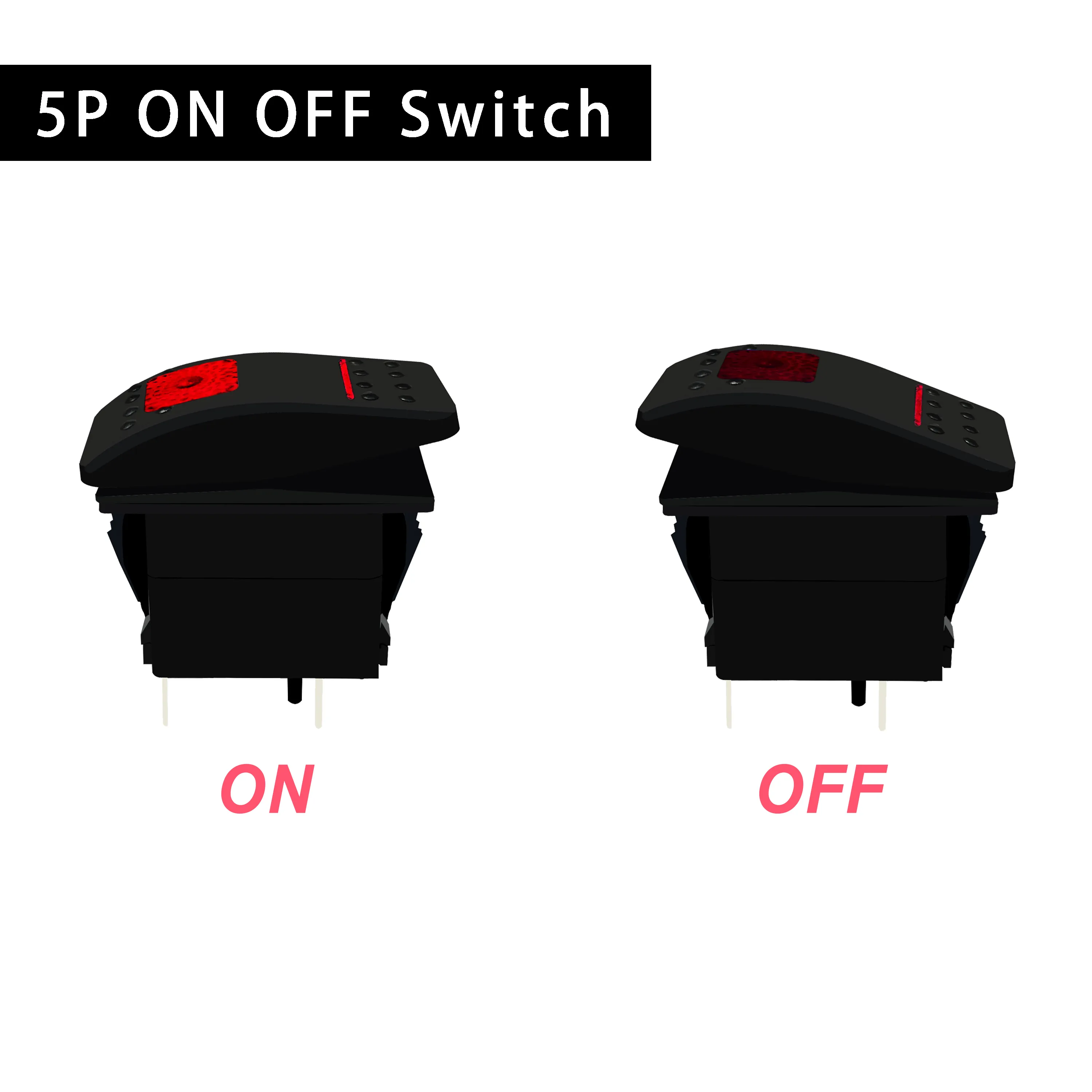 IP66 Red LED Rocker Switch, SPST 5 Pin ON-OFF 12/24V for Car Marine ...
