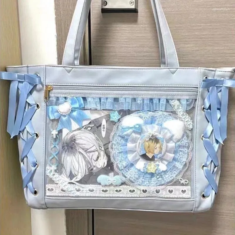 TrawString Xiuya Blue Womens Sac à bandoulière en cuir doux Lolita JK Elegant Migne Casual Ita Style Japonais Transparent Fashion Hands