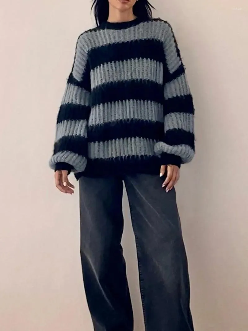 Kadın Sweaters Kadınlar Çizgili Renk Bloğu Büyük Boy Süveter Uzun Kollu Müret