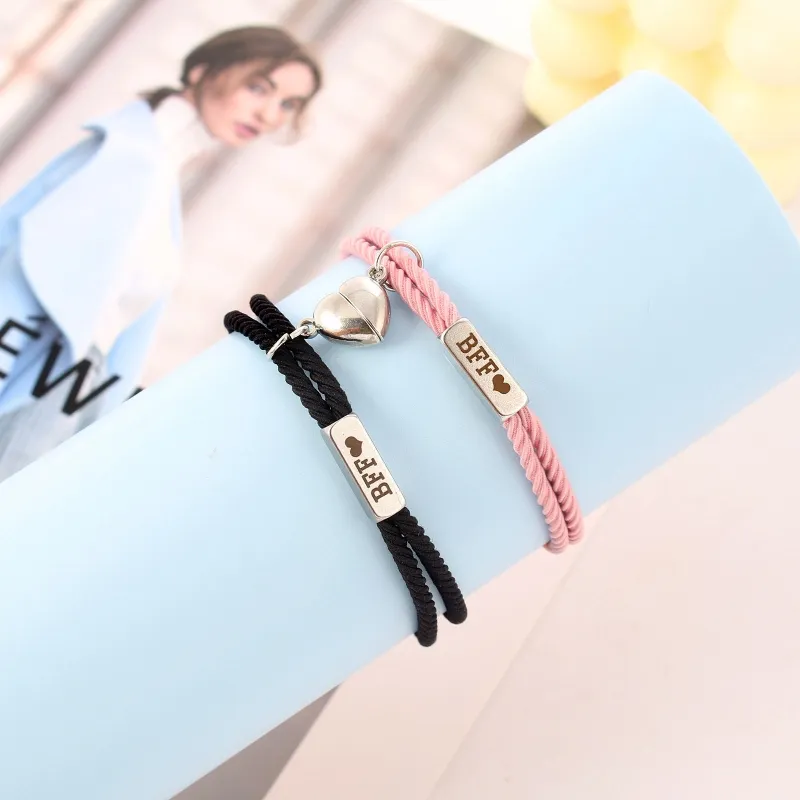 2pcs Heart Shaped Couple Bracelets - Matching Rope Friendship Bracelets Gift For Him & Her