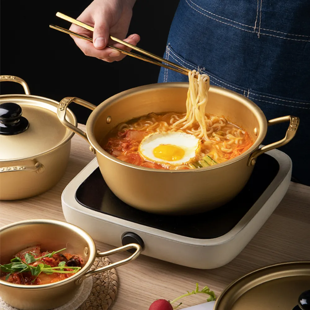 Koreansk stil gyllene ramen nudlar potten Instant Noodle Pot Aluminium Soup Pot With Lock Milk Egg Cooking Pot Kitchen Cookware