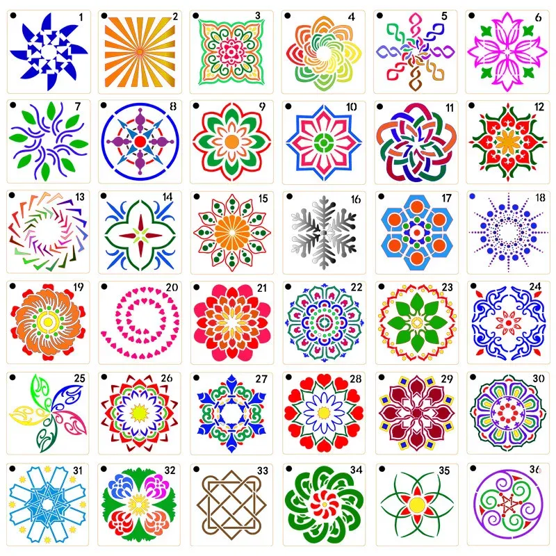 Stencils 36pcs/set 90*90mm mandala geschilderde sjabloon Diy Craft Layering Stencills Spray Print Stone Inkjet Painting Creative Decoration