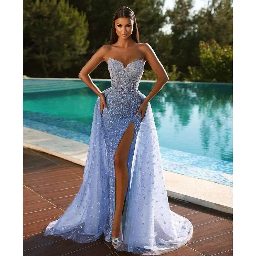 Crystal Sequined Evening Fashion Sweetheart Sleeveless Sweep Train Mermaid Party Gowns Chic Floor Length Prom Dress