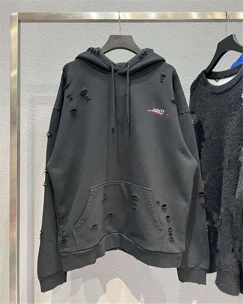 Moletom com capuz com capuz clássico masculino solto suéter de designer masculino Balencigaas alta versão 21fw outono e inverno nova onda cola impresso inseado casal hole unsban pari iv8o