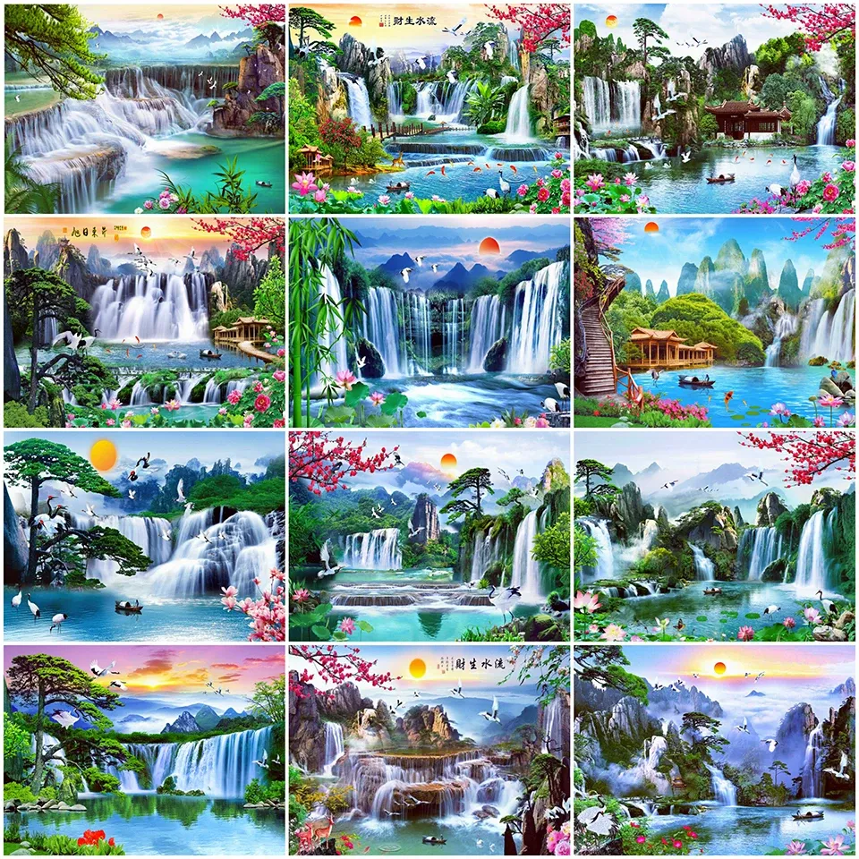 Evershine Diamond Brodemery Waterfall 5d Diamond Painting Landscape Cross Stitch Kits Mosaic Sunset Mountain Wall Art Hobby