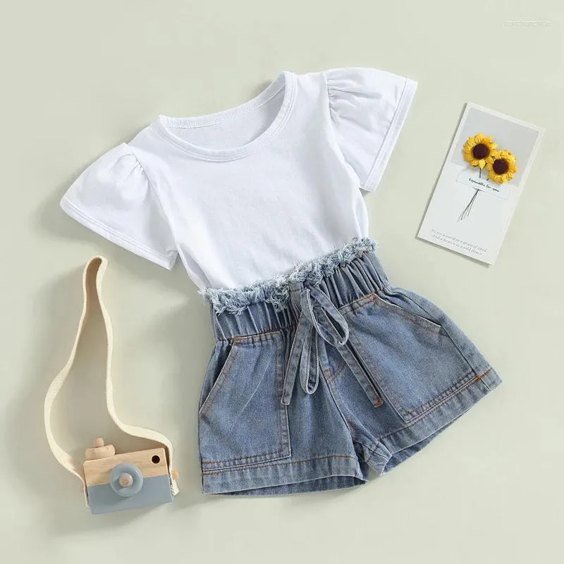 Ensembles de vêtements Toddler Baby Girls Tenue d'été T-shirt à manches courtes décontractées et shorts en jean de bandage élastique