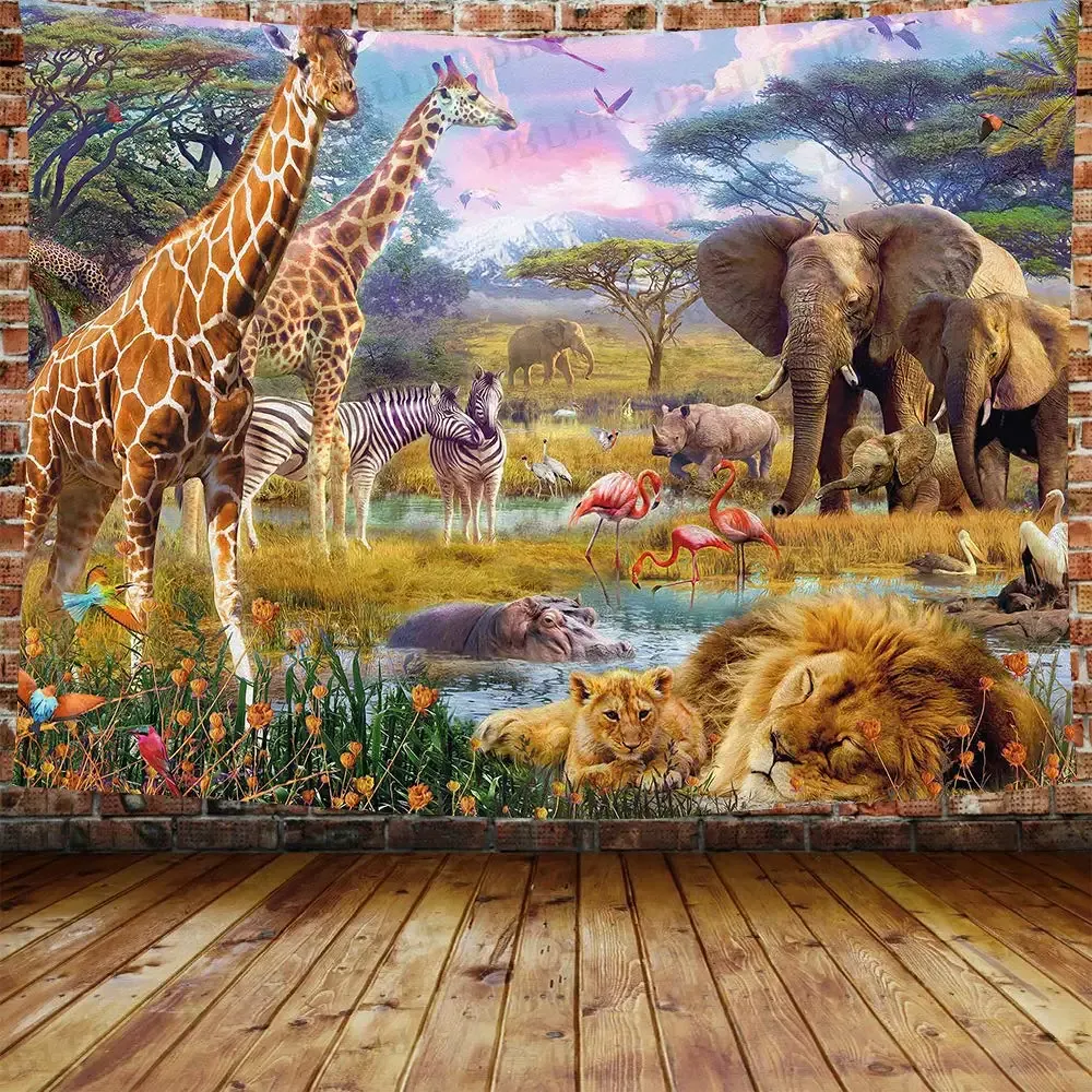 アフリカのサファリ風景の風景タペストリージラフィン象ヒョウ背景タペストリー森林草地寝室の装飾