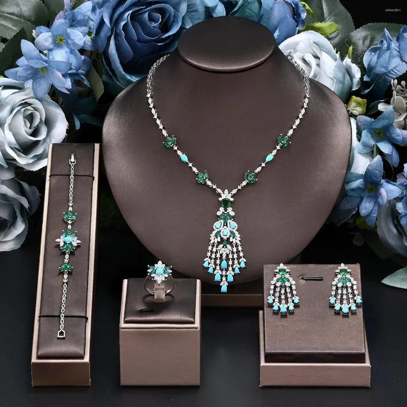 Necklace Earrings Set 4-piece Full Jewelry Luxury Turquoise Cubic Zirconia Wedding Party Dress Nigeria Dubai Bridal