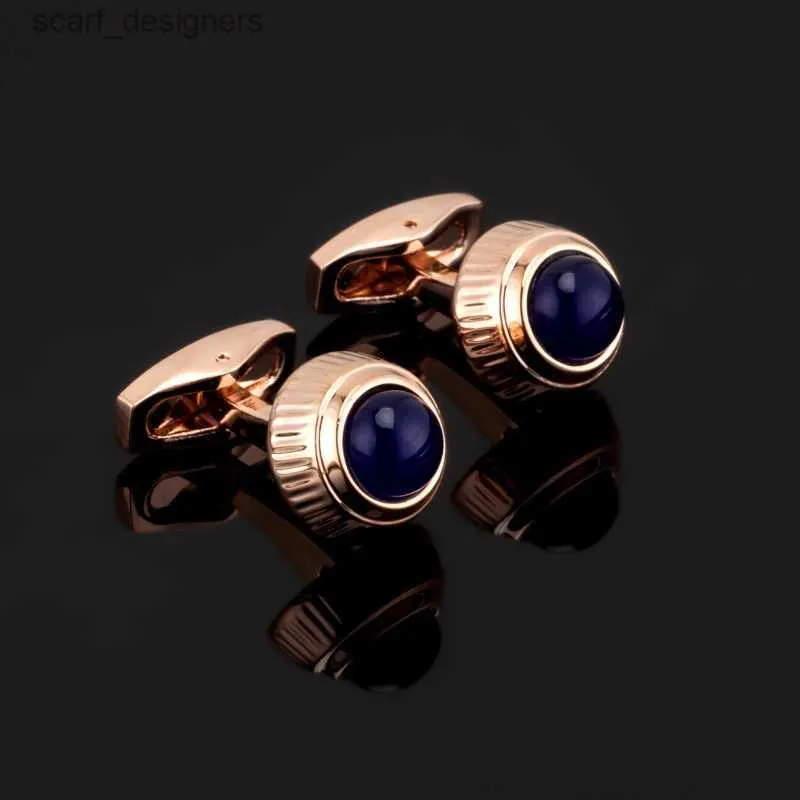 Cuff Links Luxury Fashion top rose Gold Crystal Cuff Button Sea Blue Colour Hotsale Luxury Wedding Style Cufflinks abotoadura Y240411