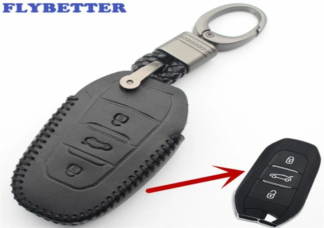 Flybetter echt leer 3Button Smart Key Case Cover voor Peugeot 30085082008 voor Citroen C4LDS6C6DS5 Auto -styling L3421511171