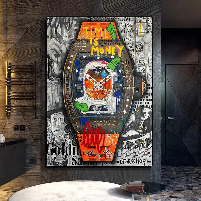 Motiverende straatgraffiti -kunstposter en printstijd is geld luxe horloge canvas schilderij voor woonkamer thuis muur decor