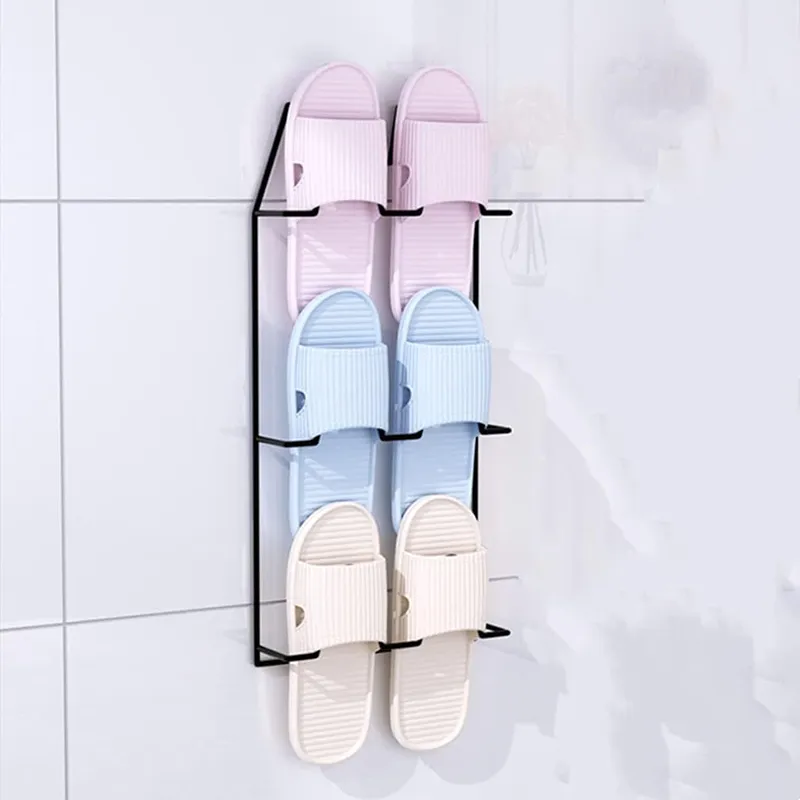 Bathroom Slippers Rack Self Adhesive Punch-free Wall-mounted Holder Space-saving Toilet Wall Door Home Shoe Storage Shelf