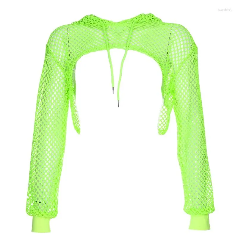 Kvinnors T -skjortor Kvinnor S Sheer Fishnet Drop Shoulder Drawstring Hoodie Crop Sweatshirt Se genom Mesh Top Hollow Out Shrupp Tops