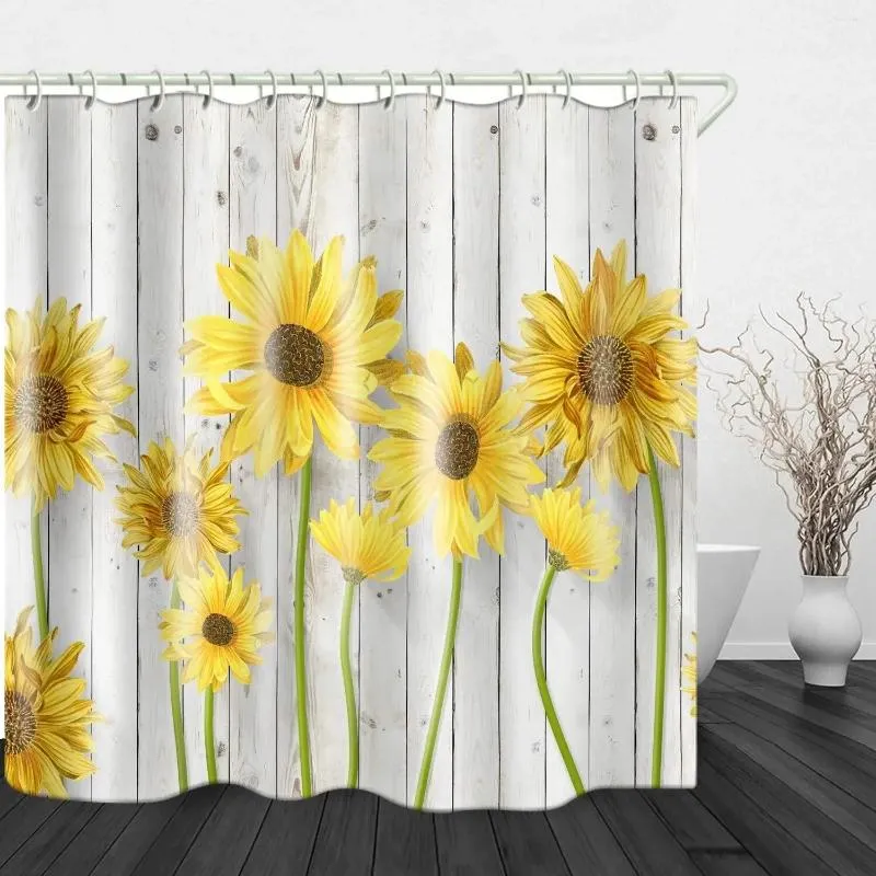 シャワーカーテン天然花柄の黄色のひまわりセットレトロな白い森の花の花の装飾シックなバスルームバスカーテン付きフック