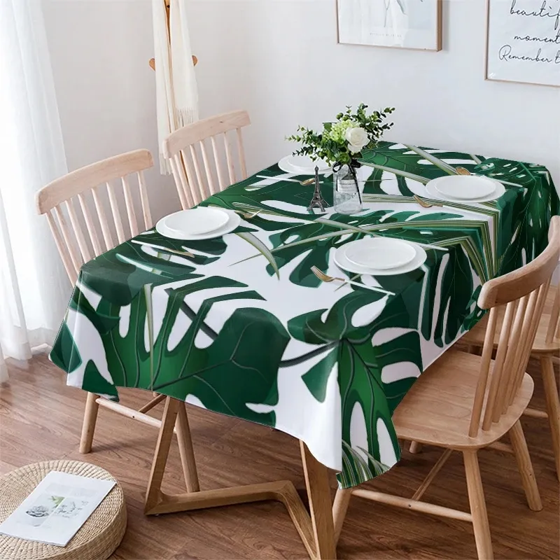 トロピカルジャングルの葉の怪物緑色の白い防水テーブルクロスリビングルームのダイニングテーブルの装飾用のキッチンコーヒーテーブル布