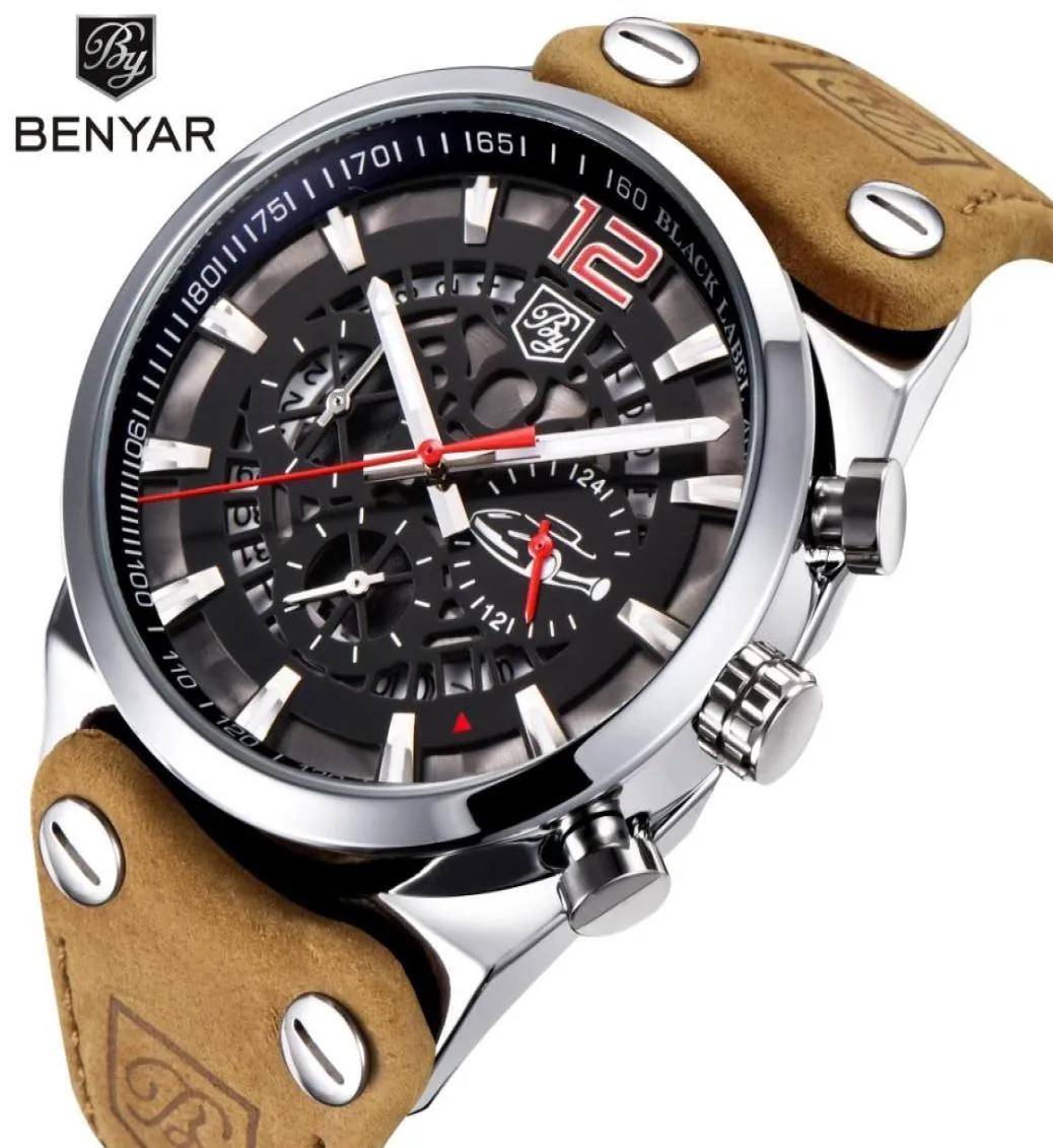 Benyar Chronograph Sport Mens Watchs Fashion Brand Military Dehroproping Le cuir en cuir Watch Clock Relogie Masculino2547629