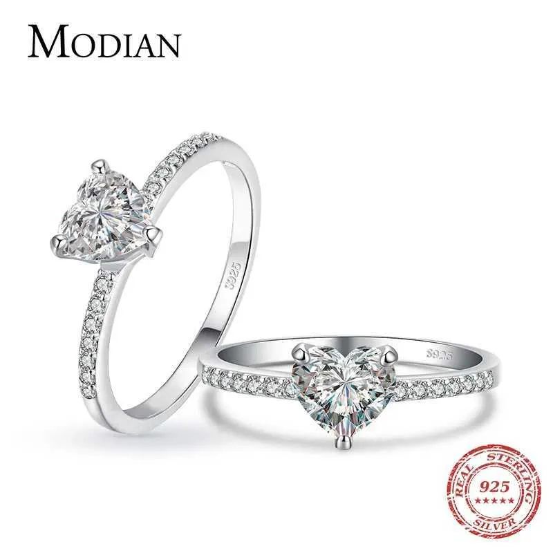 Band Rings Modian Sparkling 925 Pure Silver Heart 1Ct Transparent CZ Finger Ring Lämplig för Womens Classic Luxury Wedding Accessories Smyckesgåvor J240410