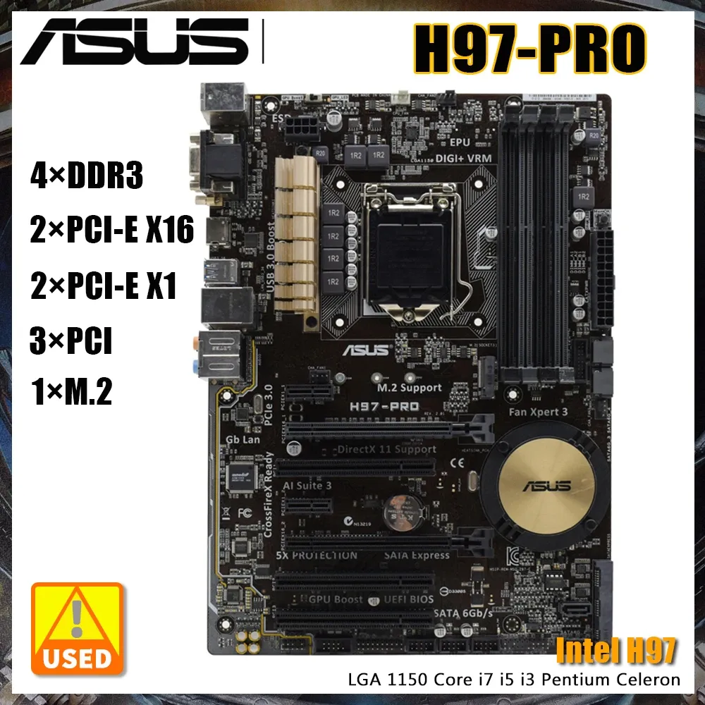 Moederborden LGA 1150 moederbord Asus H97Pro slot DDR3 32GB 1333MHz Xeon E3 1286 V3 Core I7 I5 I5 I3 CPUS Intel H97 PCIE 3.0 M.2 USB3 ATX