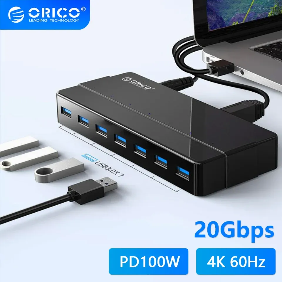 Hubs ORICO 7 4 Porta USB 3.0 Hub com adaptador de energia de 12V Adaptador OTG USB Splitter para notebook Acessórios para computadores de laptop para computadores de mesa