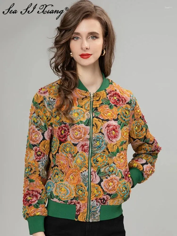 Jackets femininos Seasixiang Designer de moda outono Winter Jacquard Jackard Women Stand Collar Stand Longa Longa Vintage curta