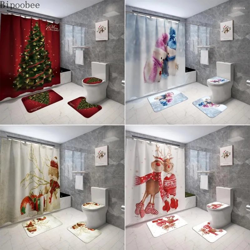 シャワーカーテンbipoobeeメリークリスマスとラグセット雪だるまエルクバスルームの装飾非滑り止め便座カバーバスマットセット