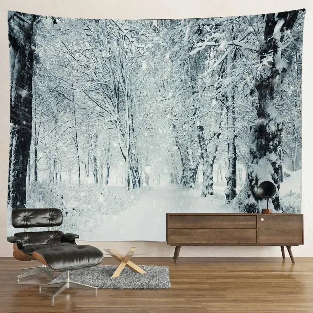 Hiver Snow Forest Tapestry Landscape Tapases Mountain Mur Tapestry Tapestry Aesthetic Bedroom Living Room Decorations suspendues rideau R0411