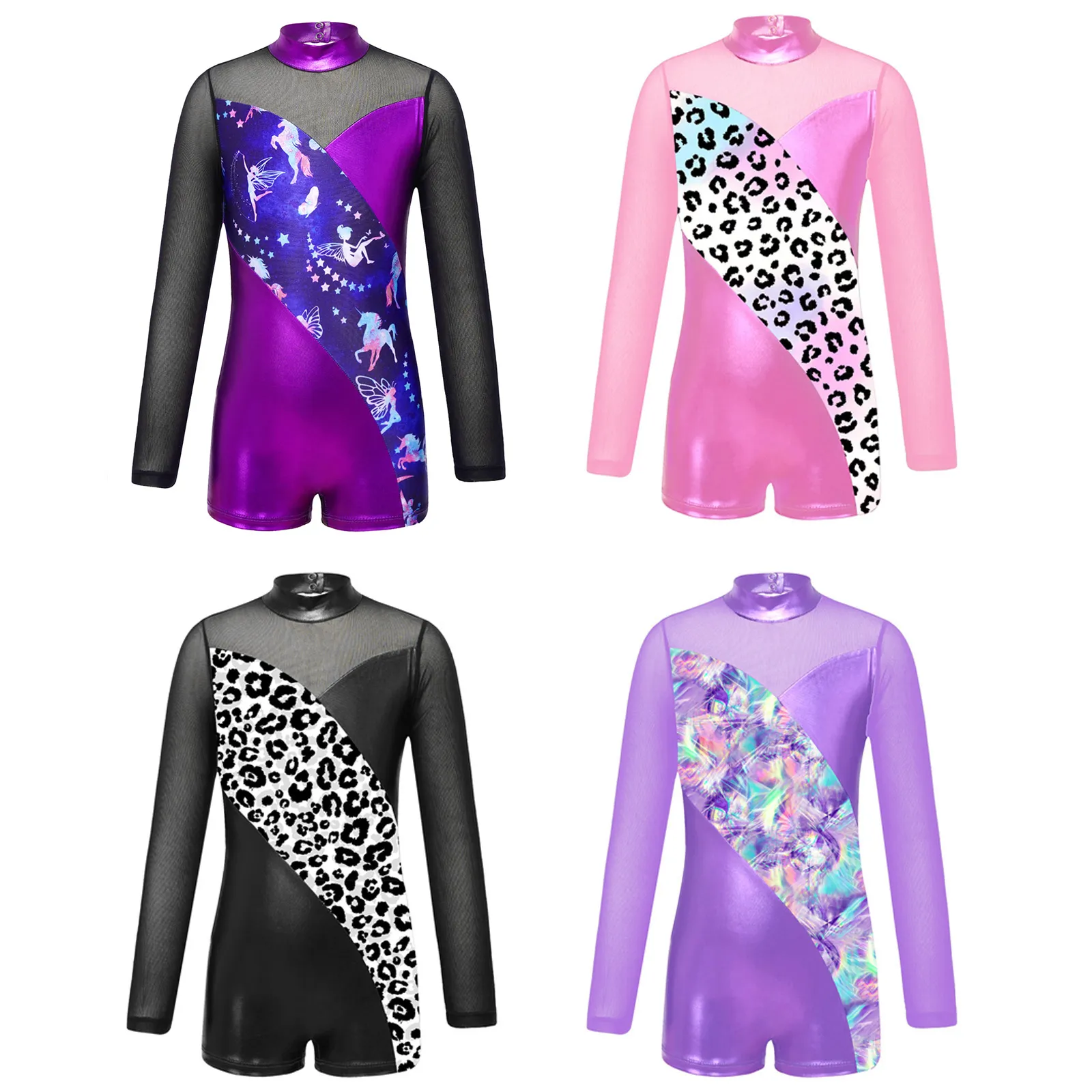 Kinderen Gymnastics Turnard voor meisjes Mesh Long Sleeves Leopard Print Ballet Unitard Kinderen Athletic Tuard Tieners Dance Jumpsuit