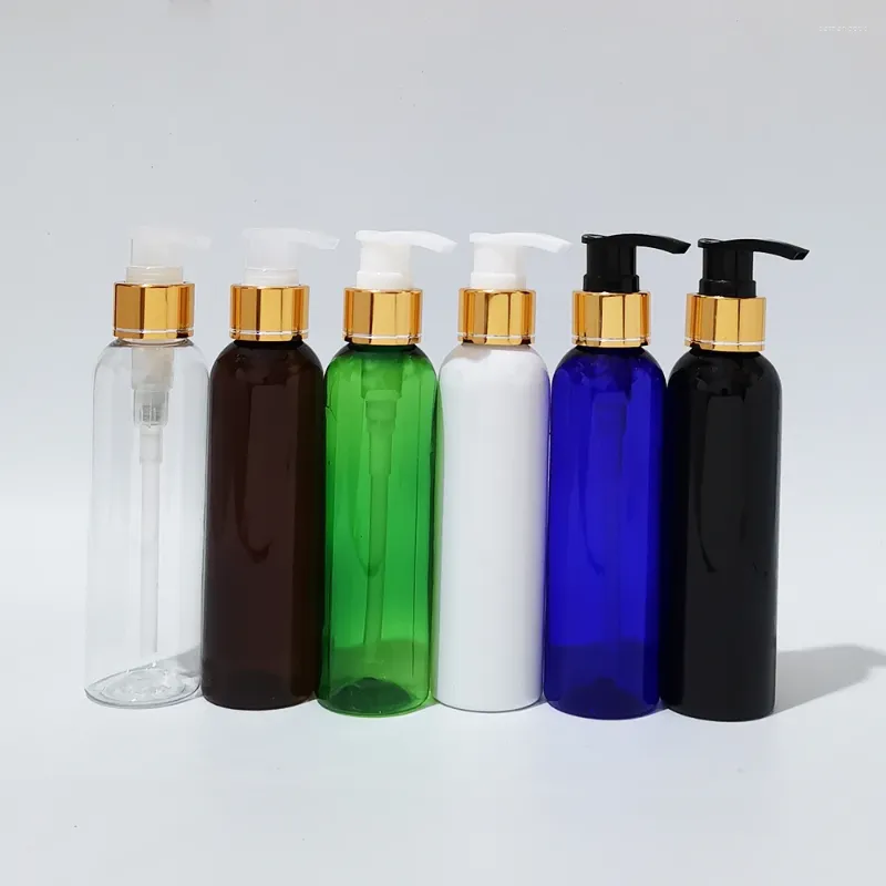 Bouteilles de rangement 30pcs 150 ml Bouteille de shampooing ambre Amber Pet 5oz Black Clear Blue Plastic Pump Pompe liquide Socon