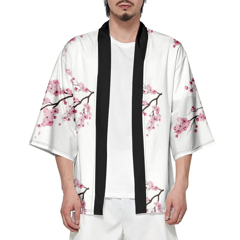 Summer Pink Peach Blossom Imprimé blanc en vrac japonais Japonais Kimono Femmes Hommes Beach Haori Chemises surdimensionnées Tops