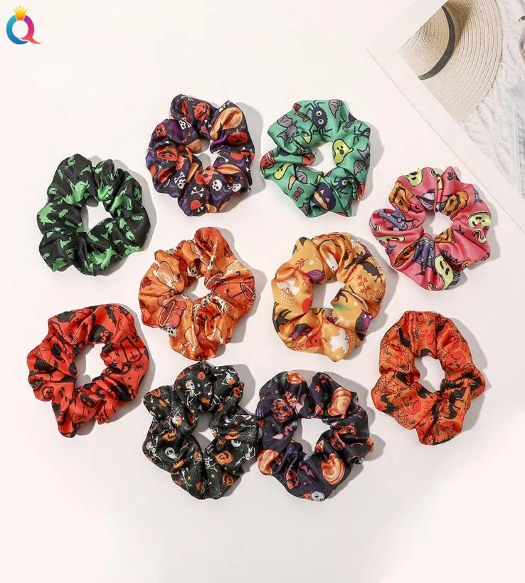 Halloween Hair Scrunchy Hairband for Woman Pumpkin Skull Print Bands Elastic Bands Girl Ties Accessory Corde Ring3772891