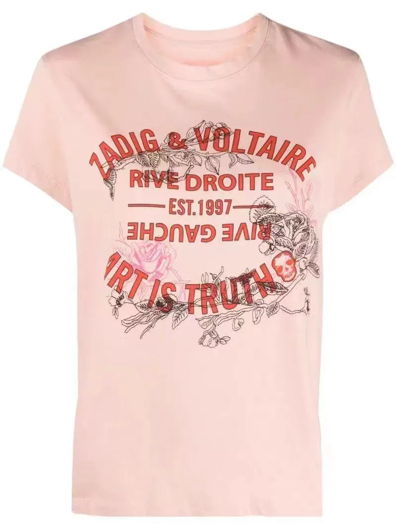 Zadig Voltaire 2024 Summer Women T-shirt Fashion Fashion Nuovo ricamo a collo rosa con scollo a manicotto corto Pullover Flower Lettera di fiore di Flower Stampa Nuovo Top Casual