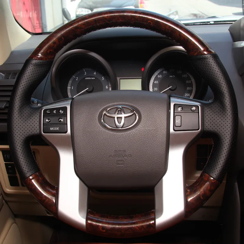 Para o Toyota Land Cruiser PRADO 2010-2017 costura à mão, não deslizamento, preto genuíno de couro de pêssego de pêssego, tampa do volante de carro
