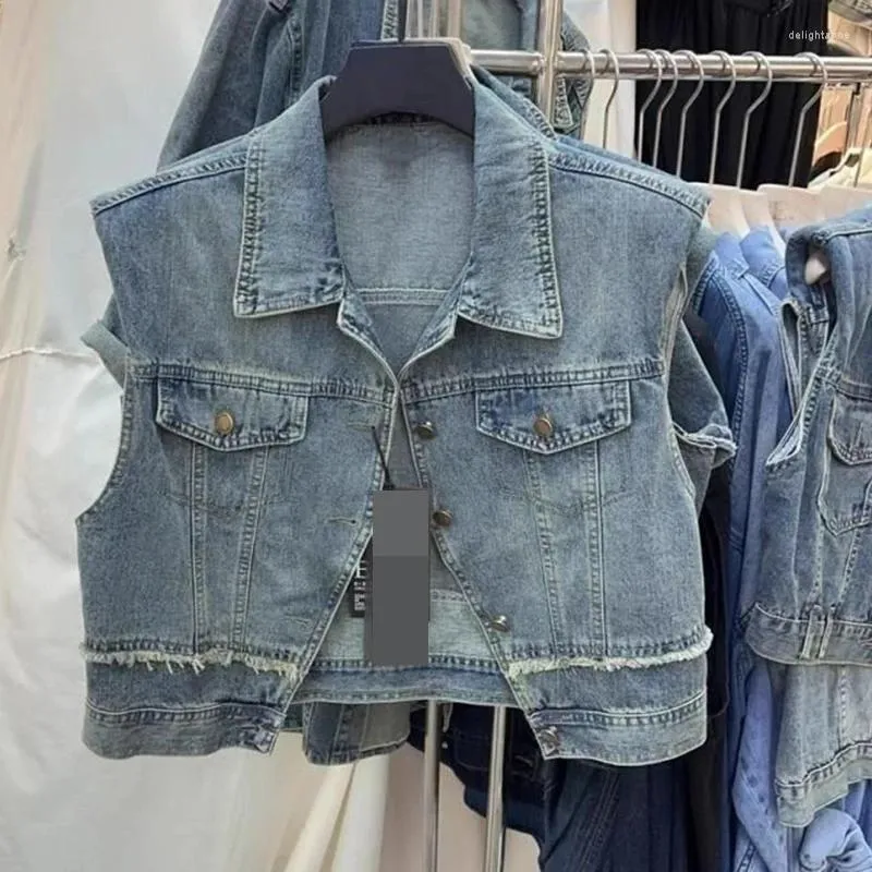 Coletes femininos retro borda de peles ombro acolchoado jaqueta jeans design curto design primavera/verão solto