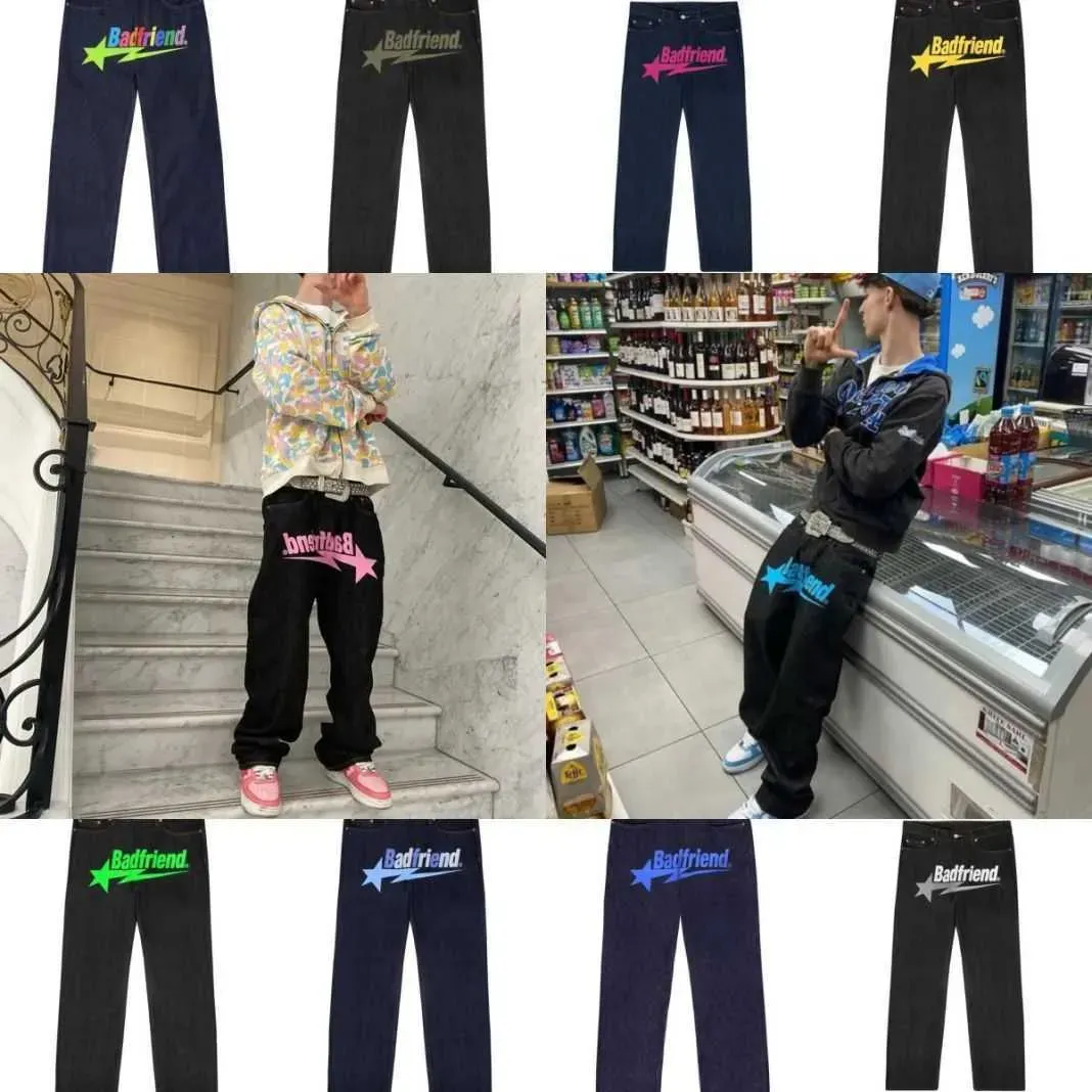 Jeans maschi maschile jeans jeans y2k jeans badfriend lettera hip hop lettera stampata pantaloni neri uomini donne donne modella casual roccia largo piede largo galzo