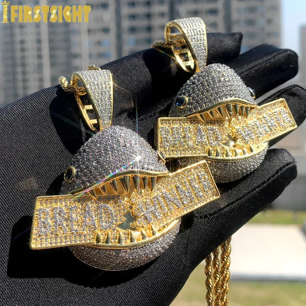 Iced Out Letter Bread Winner Pendant Necklace Gold Color Bling 5A Zircon CZ Shark Badge Charm Men Fashion Hiphop Jewelry 240411