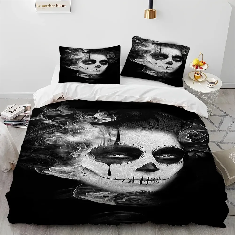 3D skräck gotisk kvinnlig skalle död tjej trångt sängkläder, täcke täcke säng set täcke omslagskuddar, queen size sängkläder