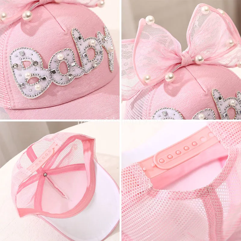 Summer Baby Girl Baseball Cap Large Bow Letter Peaked Hat for Toddler Solid Color Breathable Mesh Kids Sun Hats