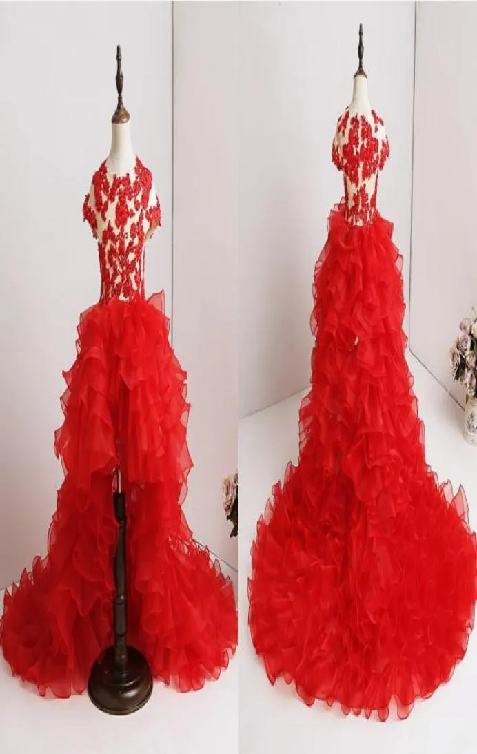 Red High Low Girls Pageant Dresses Short Sleeve Organza Lace Applique Sequins Beaded Ruffles Flower Girls First Communion Dress Ch3352470