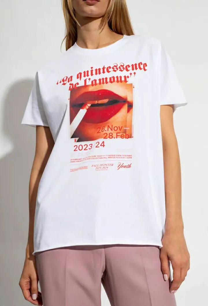 Zadig Voltaire 2024 Summer Women Flame Lips Red Smoke 3D Digital Printed T-Shirt Pure Cotton Women White Reck Rece Shirt Shirt Served Tops Tops Tops