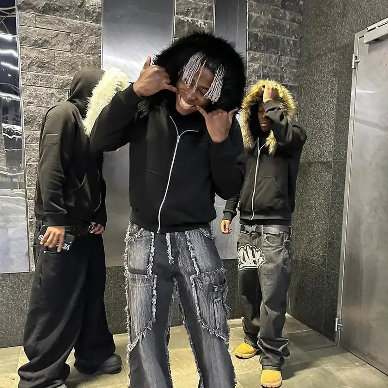 Harajuku Hip Hop Y2K Zipper Fur Hoodie Mens With Faux Fur Harajuku Hip Hop Y2K Zipper Fur Hoodie Mens With Faux Fur