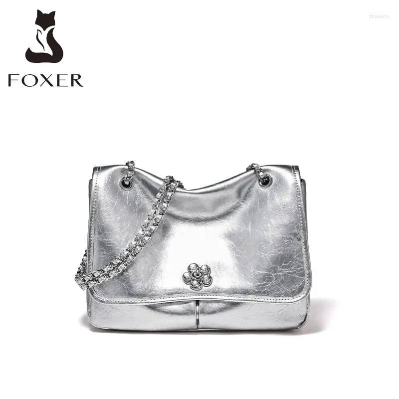 Sac Foxer Design Silver Women Split Cuir Handbag Classic Female Crossbody Crossbody Broad Capacile Commute Lady Chain Fap