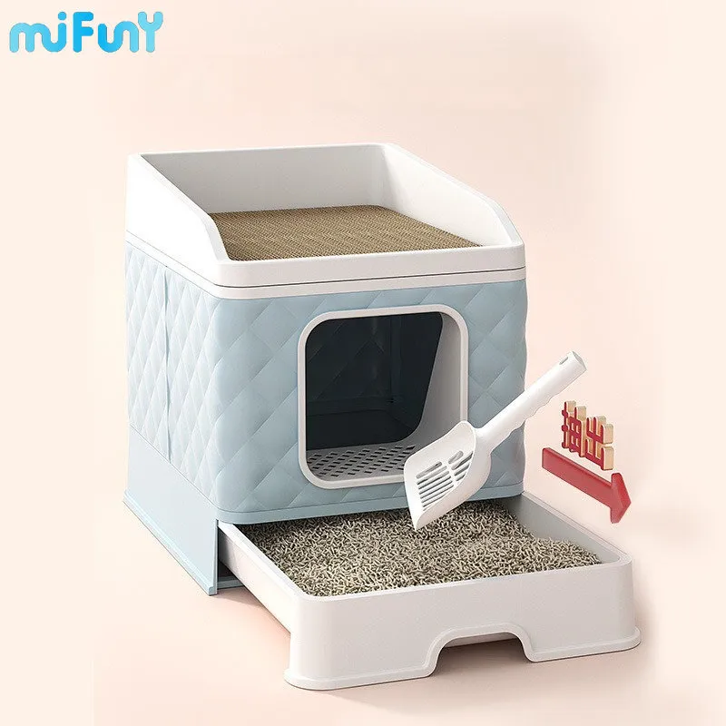 MiFuny Foldable Cat Litter Box with Scratching Board Enclosed Cat Toilets Sandboxes with Top Nest Scoop Pet Cleaning Supplies