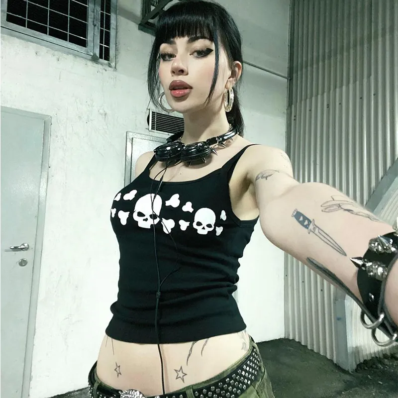 DHgate.com:Gothic Skull Crop Top: Y2K Casual Grunge Tee for