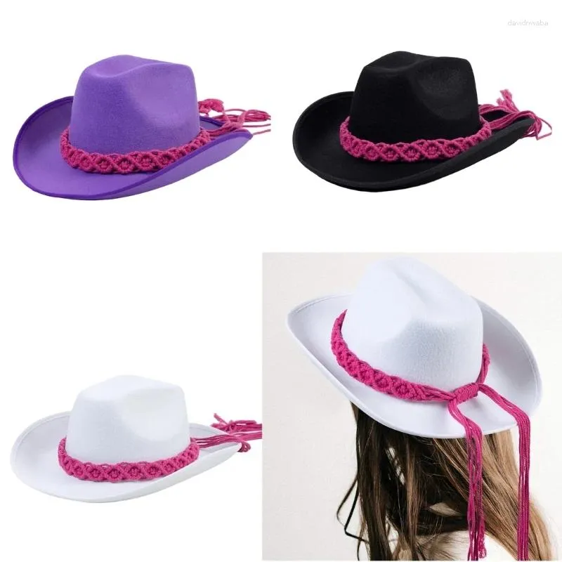 Berets dorosły unisex zachodni kowbojski kapelusz z tkającym zespołem kobieta mężczyźni Sunproof Large Cowgirl Outdoor Prov Party Cosplay Props