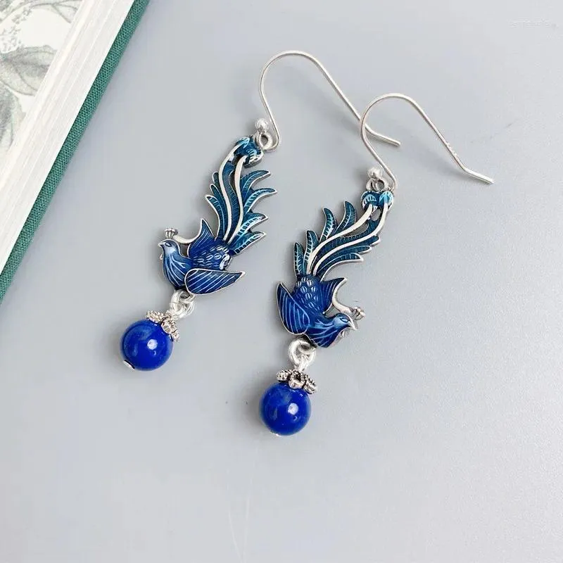 Dangle Earrings 925 Silver Blue Enamel Phoenix Tassel For Women Female Lapis Lazuli Chinese Style Exaggerated Earings Banquet Jewelry